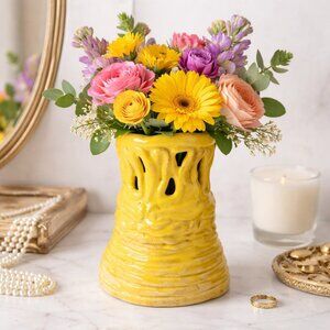 Handmade Yellow Drip Glaze Basket Ceramic Vase / Sculptural Art Pottery - Signed